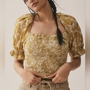 By Anthropologie Seersucker Smocked Puff-Sleeve Crop Top